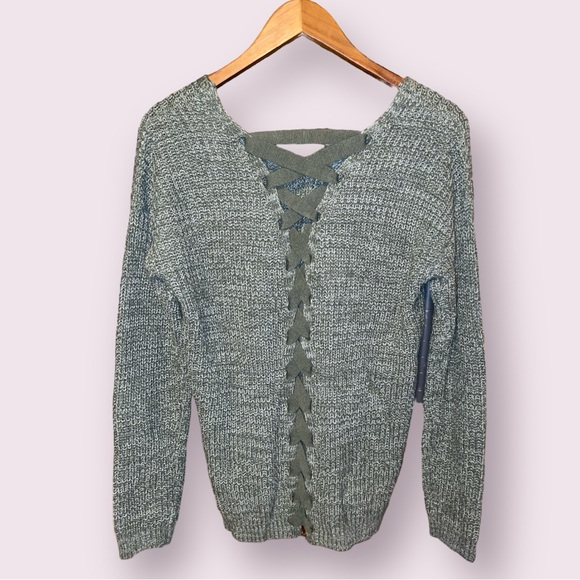 SO Lace-up V-neck Sweater in Heather Green - size small - Picture 2 of 8